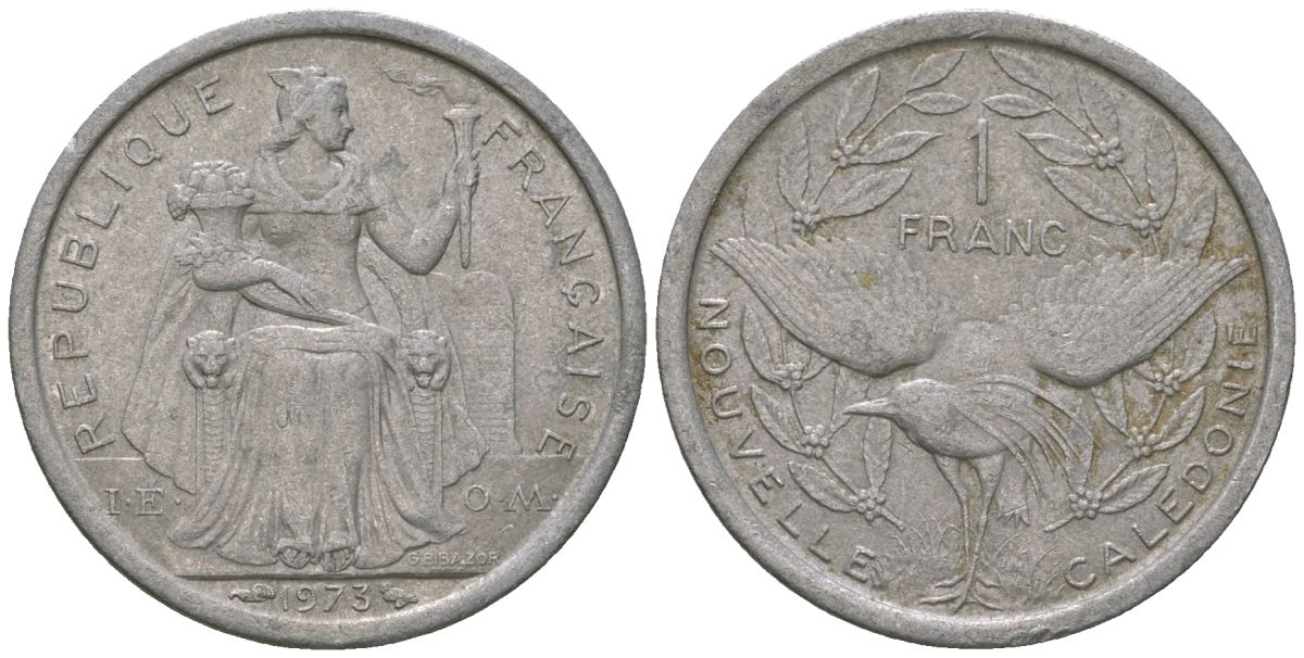 Французская Новая Каледония 1 франк 1973 птица кагу, (IEOM) KM 10, Schoen 10, Lec 39 алюминий    51-921