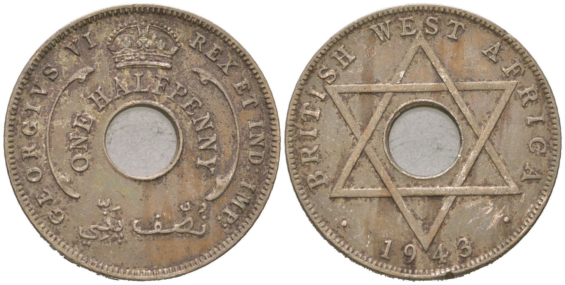 Британская Западная Африка 1/2 пенни 1943 Георг VI (1936-1952) KM 18 медно-никель 4620-321