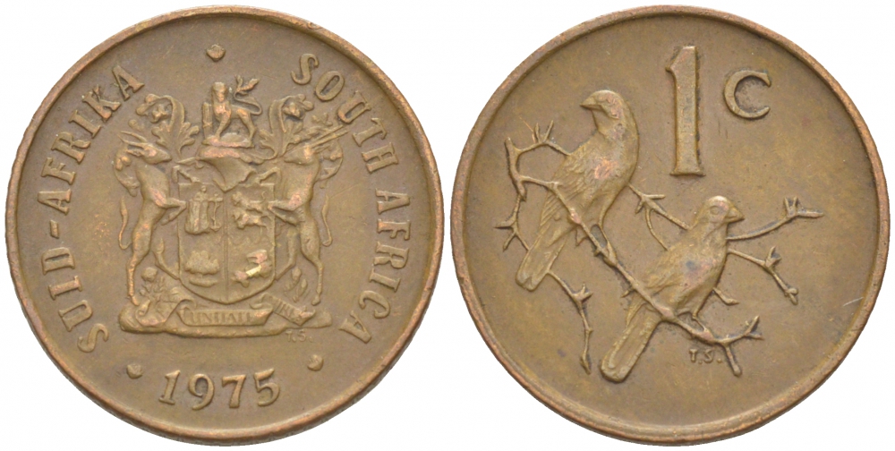 ЮАР 1 ЦЕНТ 1975 ГЕРБ, КАПСКИЕ ВОРОБЬИ KM 82 бронза 3309-614