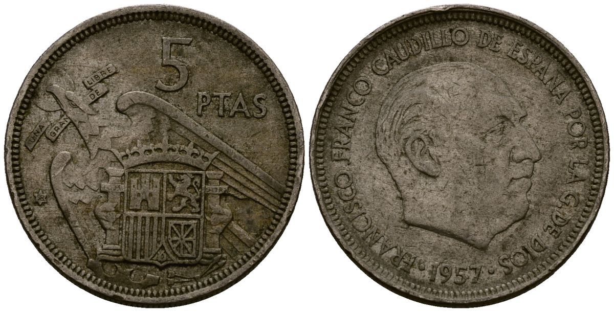 Испания 5 песет 1957 Франсиско Франко (1939-1975) KM 786 медно-никель 4176-437