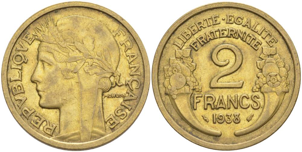 ФРАНЦИЯ 2 ФРАНКА 1938 ТИП MORLON KM 886, LE FRANC 268.11 алюминиевая бронза 3855-124