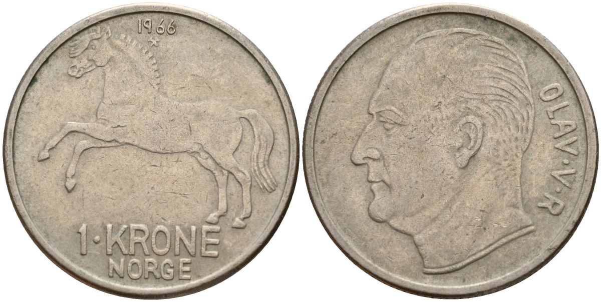 Норвегия 1 крона 1966 Улаф V (1958-1991) KM 409 медно-никель 4150-856