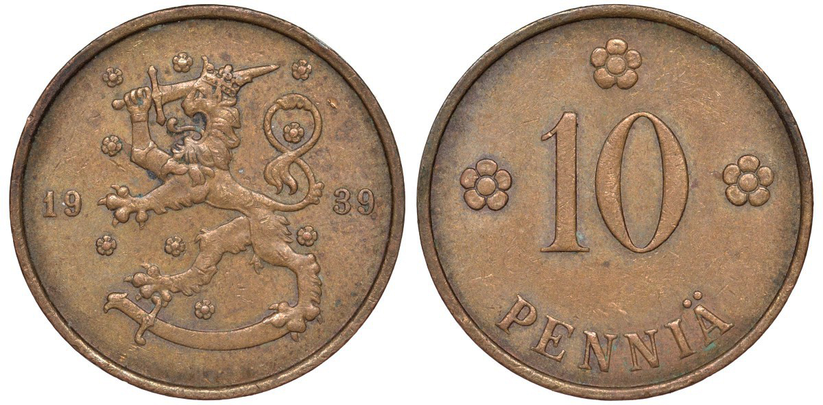 Финляндия 10 пенни 1939 KM 24 медь 51-3145