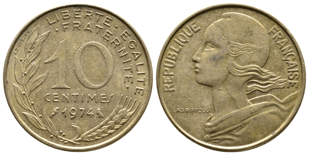 ФРАНЦИЯ 10 САНТИМОВ 1974 ТИП MARIANNE KM 929, LE FRANC 144.14 алюминиевая бронза 26-956