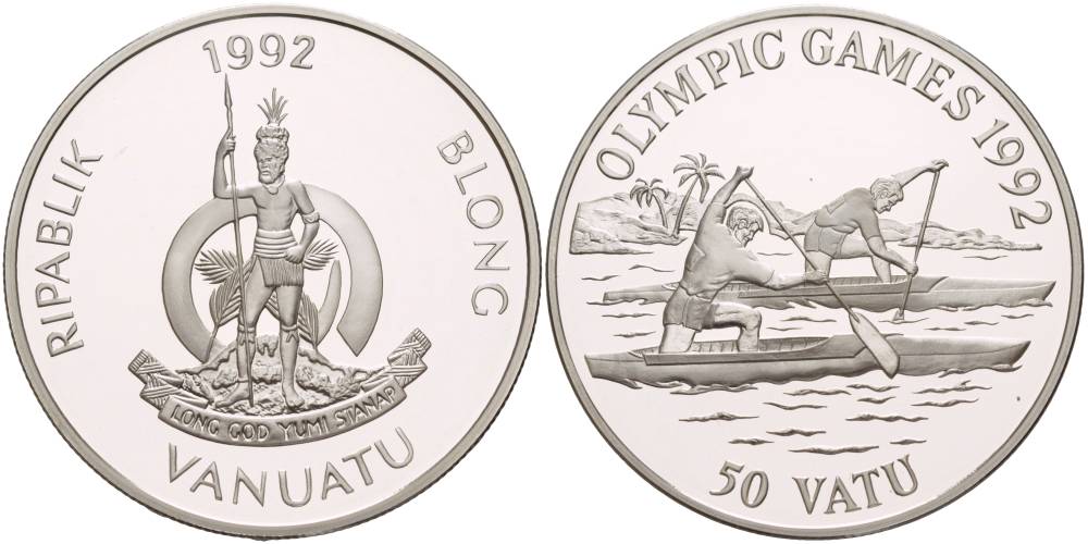 Вануату 50 вату 1992 XXV Олимпийские игры в Барселоне 1992 года, гребля на каное KM 14 серебро PROOF 1081-8-41