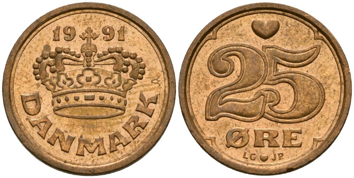 Дания 25 эре 1991 Маргрете II (1972- ) KM 868 бронза 4136-357