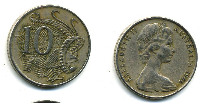 Австралия 10 центов 1966 Елизавета II (1952-), птица лирахвост KM 65 медно-никель 46-1313