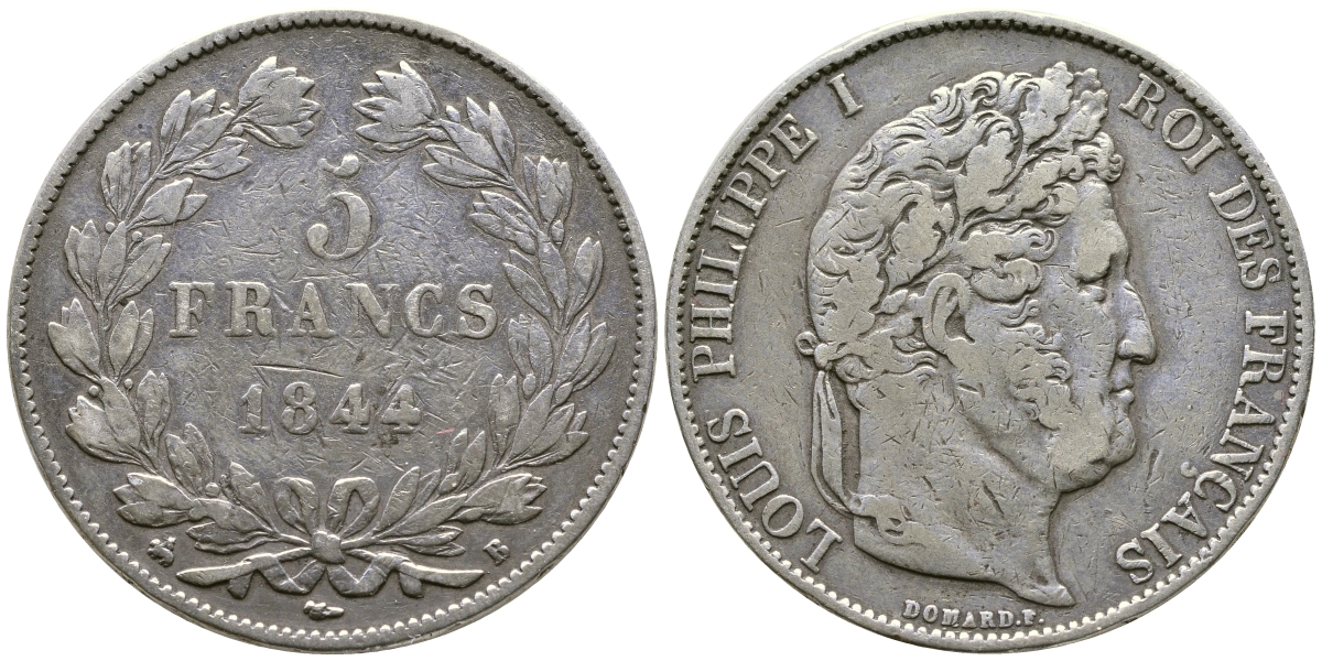 Франция 5 франков 1844 B, Луи Филипп I (1830-1848) KM 749.2 серебро 1066-7-61