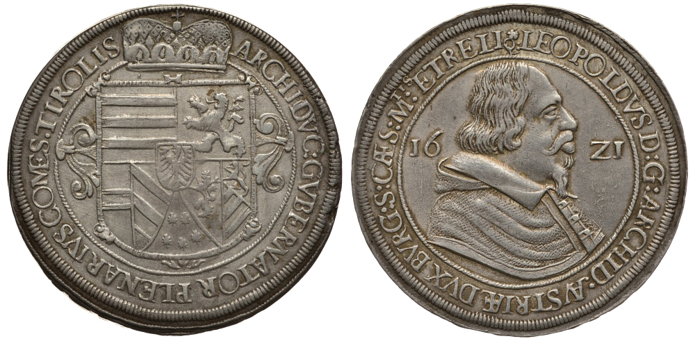 Австрия, Священная Римская империя, Тироль 1 талер 1621 дом Габсбургов, Эрцгерцог Леопольд V  Тирольский (1619-1632), монетный двор Халл Moser/Tursky 422 серебро 00-000-00