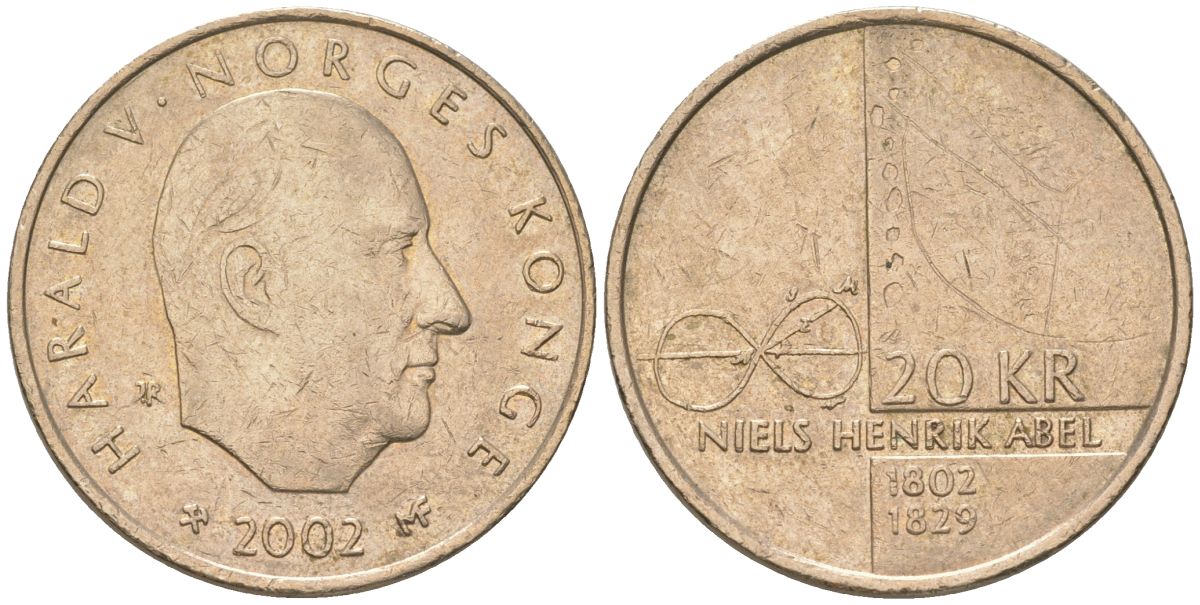 Норвегия 20 крон 2002 200 лет со дня рождения Нильса Хенрика Абеля, Харальд V (1991-) KM 471 никель латунь 4131-111
