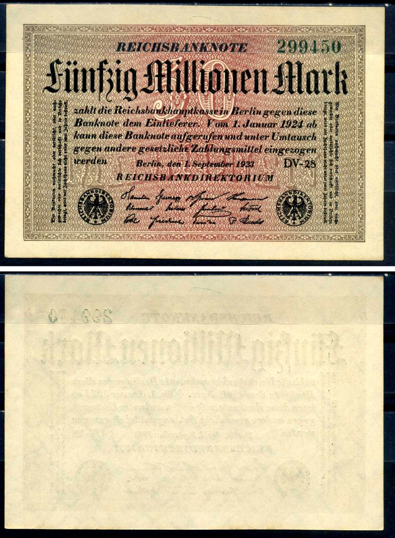 Германия 50000000 марок 1923 1 сентября 1923 Pick 109 f бумага 7552-73-3-2