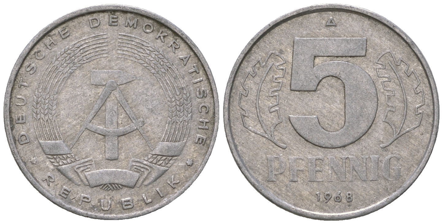 ГДР 5 пфеннигов 1968 А KM 9.1 алюминий 4625-217