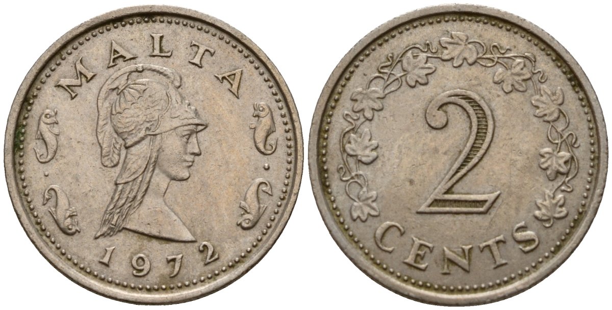 Мальта 2 цента 1972 Пентесилея, царица амазонок KM 9 медь цинк 4154-655