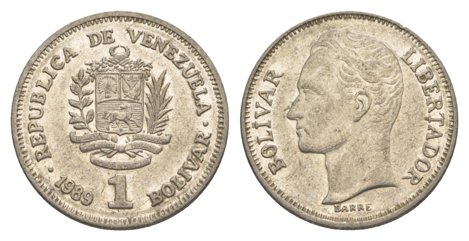 Венесуэла 1 боливар 1989 Симон Боливар, тонкий шрифт Y 52a.1 сталь плакированная никелем 4591-121