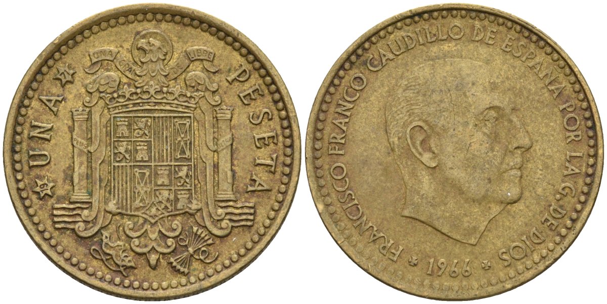 Испания 1 песета 1966 (71) Франсиско Франко (1939-1975) KM 796 алюминиевая бронза 4604-355