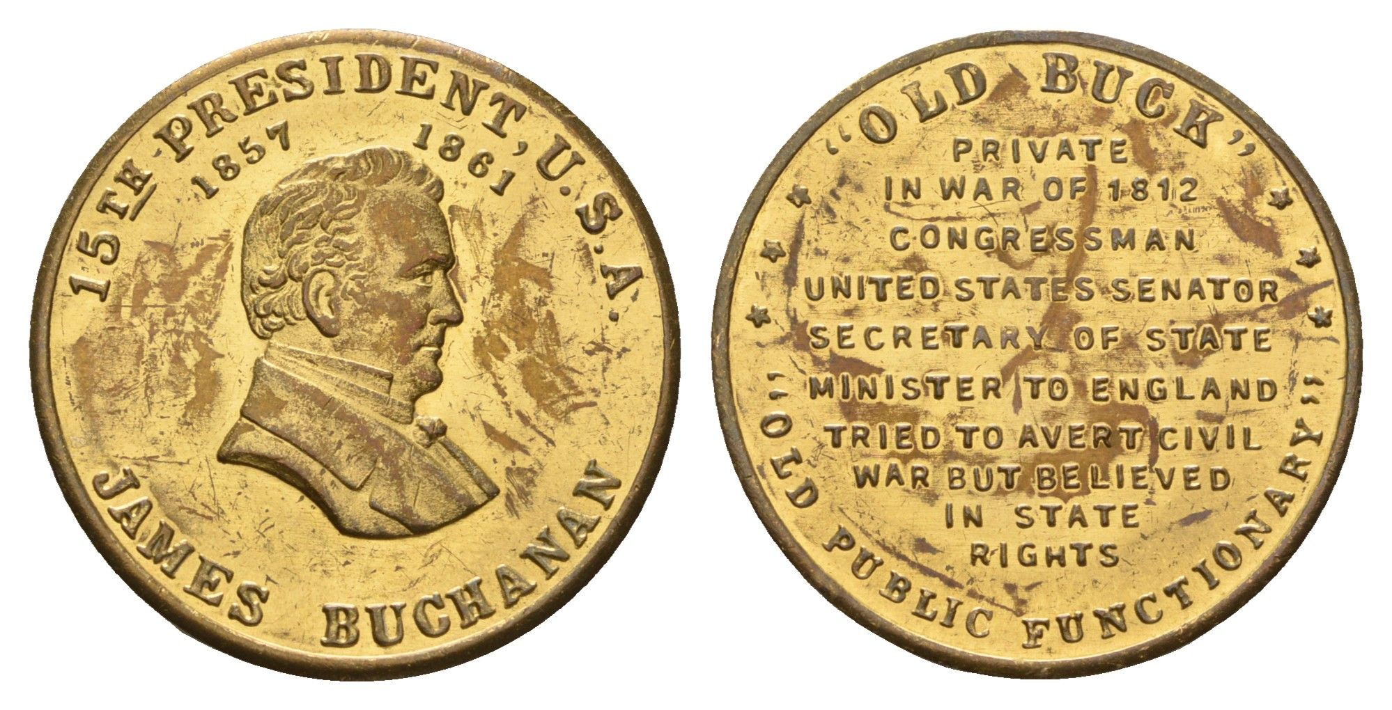 США медаль в честь Джеймс Бьюкенен, 15-го президента США (1897-1901) XX век диаметр 25 мм, вес 5,4 гр латунь 4128-934