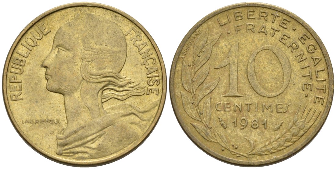 ФРАНЦИЯ 10 САНТИМОВ 1981 ТИП MARIANNE KM 929, LE FRANC 144.21 медь алюминий никель 4573-1026