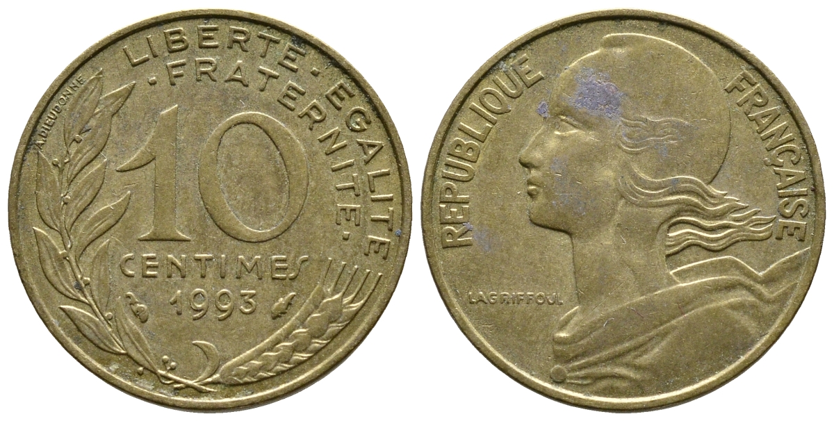 ФРАНЦИЯ 10 САНТИМОВ 1993 ТИП MARIANNE KM 929, LE FRANC 144.35 медь алюминий никель 93-1332