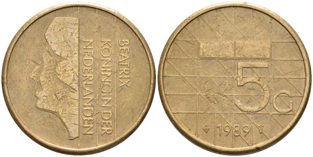 Нидерланды 5 гульденов 1989 Беатрикс (1980-2013) KM 210 никель плакированный бронзой 4572-843
