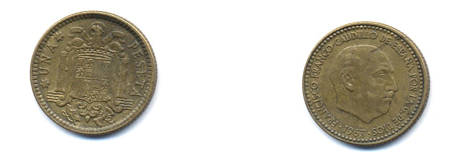 ИСПАНИЯ 1 ПЕСЕТА 1963 (66) ФРАНСИСКО ФРАНКО ДИКТАТОР ИСПАНИИ (1939-1975) KM 775 алюминиевая бронза 54-427