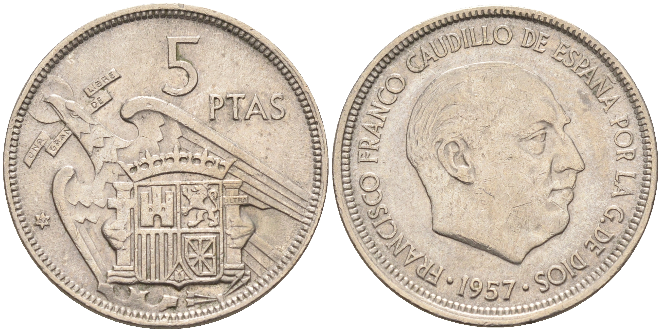 Испания 5 песет 1957 (67) Франсиско Франко (1939-1975) KM 786 медно-никель    4595-1024