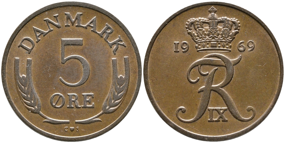 ДАНИЯ 5 ЭРЕ 1969 C; S, ФРЕДЕРИК IX (1947-1972) KM 848.1 бронза 28-1054