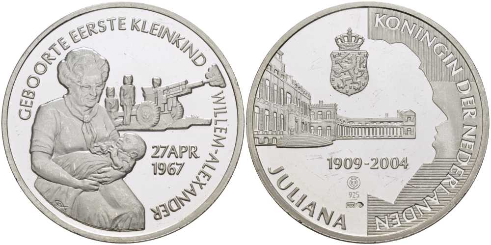 НИДЕРЛАНДЫ МЕДАЛЬ ND СЕРИЯ ЮЛИАНА КОРОЛЕВА НИДЕРЛАНДОВ (1909-2004), РОЖДЕНИЕ ПЕРВОГО ВНУКА, ВИЛЛЕМА АЛЕКСАНДРА 27 АПРЕЛЯ 1967, ДИАМЕТР 38 ММ., ВЕС 25 ГР. серебро PROOF 1076-8-62