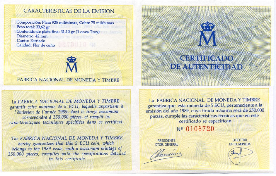 Испания 5 экю 1989 Карл V, Император Священной Римской Империи, в оригинальной деревянной коробке, с сертификатом  серебро  PROOF  00-00