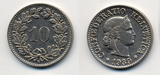 Швейцария 10 раппенов 1939 B KM 27b никель     54-752