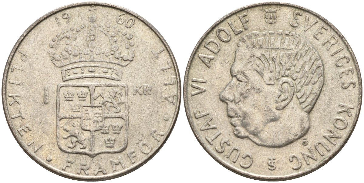 Швеция 1 крона 1960 TS, Густав VI Адольф (1950-1973) KM 826 серебро 4150-114