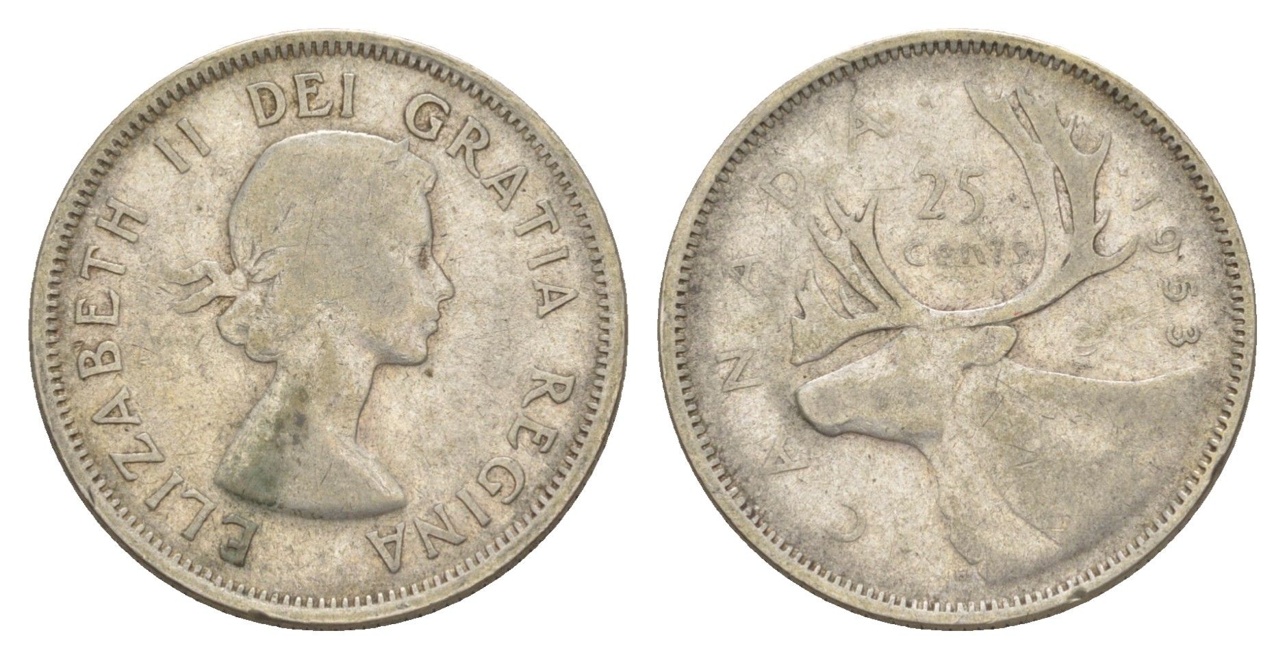 Канада 25 центов 1953 Елизавета II (1952-2022), олень KM 52 серебро 73-1431