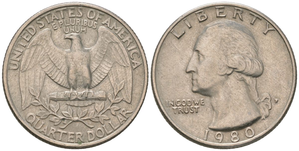 США 25 центов (квотер) 1980 P, Вашингтон KM A164a медь плакированная медно-никелем 4597-1155