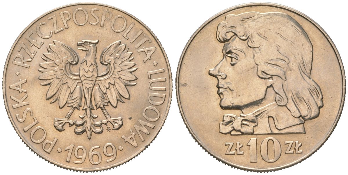 Польша 10 злотых 1969 MW, Тадеуш Костюшко KM 50a медно-никель UNC 4599-625