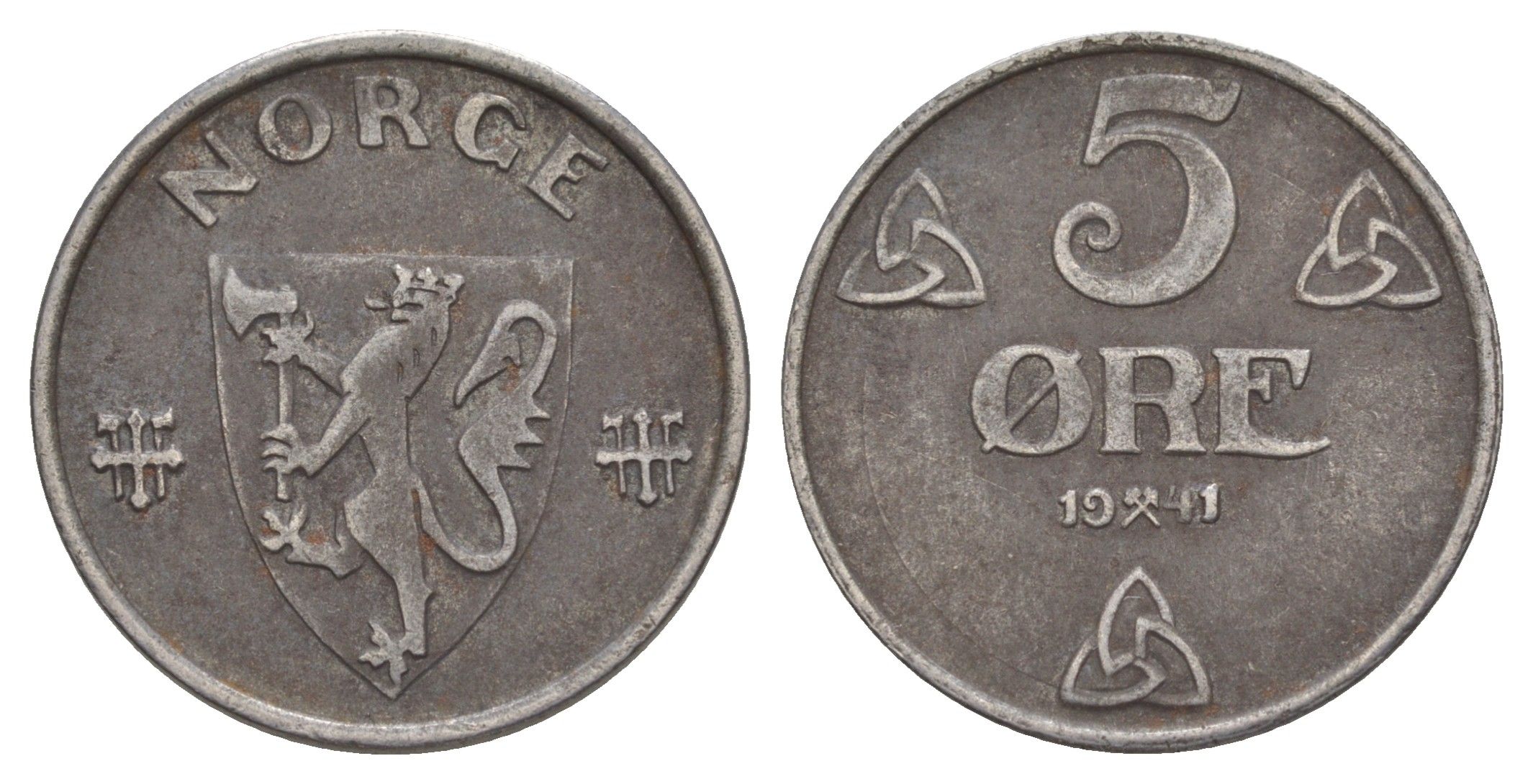 Норвегия 5 эре 1941 Хокон VII (1905-1957) KM 388 железо 4635-535