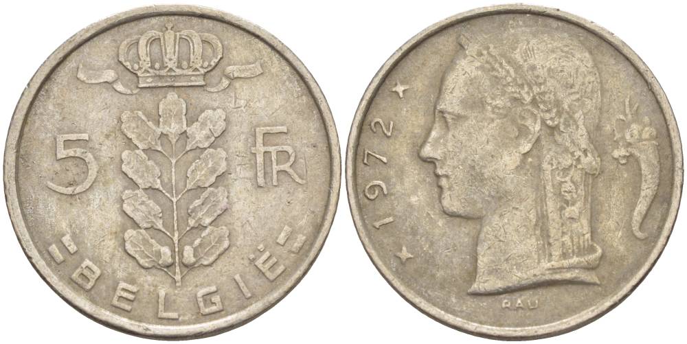 Бельгия 5 франков 1972 Belgie, Бодуэн I (1951-1993) KM 135.1 медно-никель 4546-311