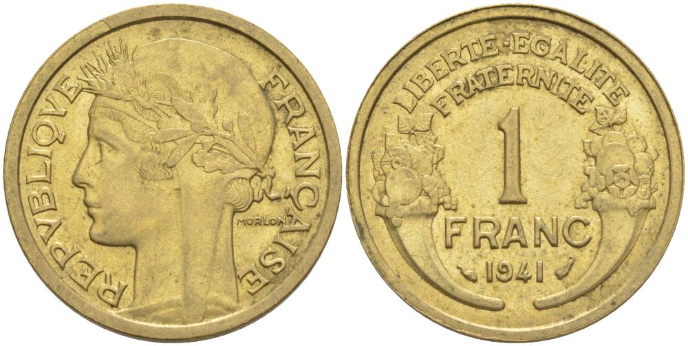 ФРАНЦИЯ 1 ФРАНК 1941 ТИП MORLON KM 885, LE FRANC 219.12 алюминиевая бронза 3853-233