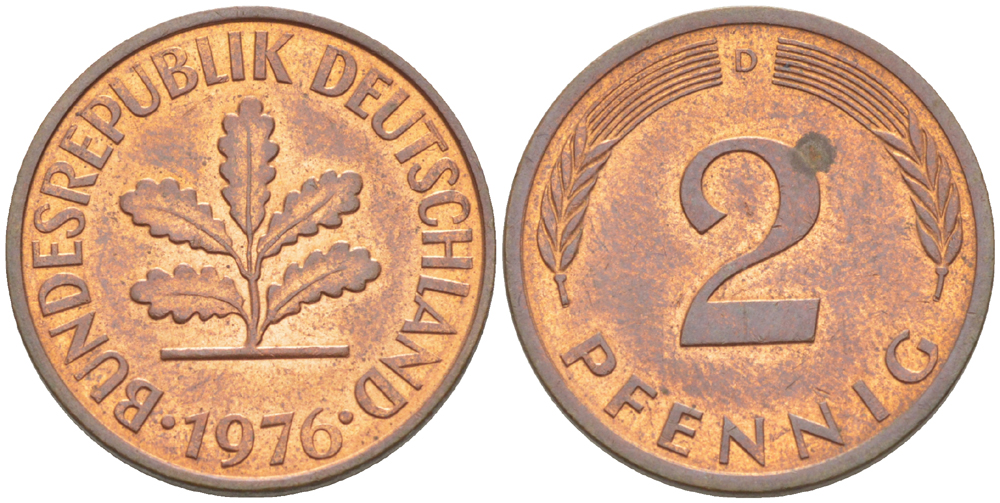 ФРГ 2 ПФЕННИГА 1976 D KM 106а, J. 381а сталь плакированная сталь плакированная медьюю 4181-822