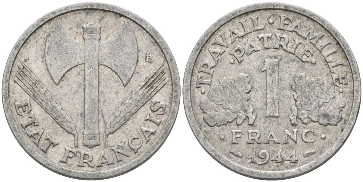 Франция 1 франк 1944 правительство Виши KM 902.1, Le Franc 223.5 алюминий 4591-1055