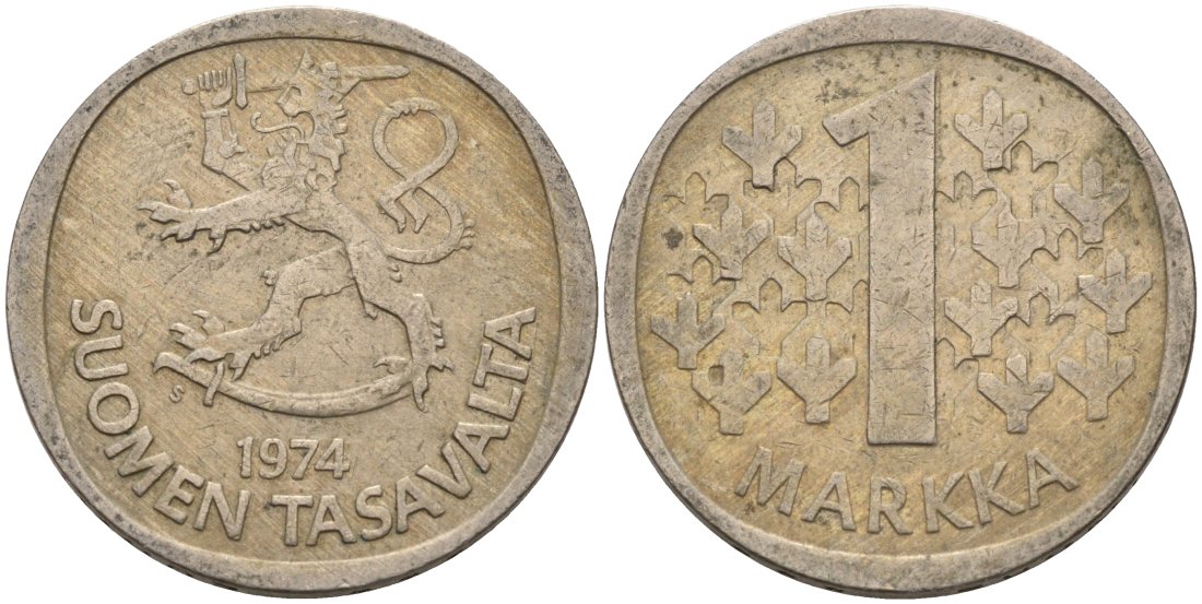 ФИНЛЯНДИЯ 1 МАРКА 1974 KM 49а медно-никель 4573-711