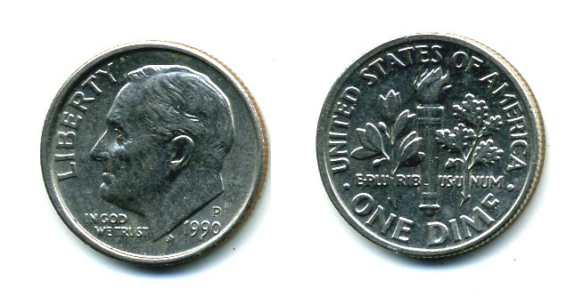 США 10 ЦЕНТОВ = 1 ДАЙМ 1990 P, РУЗВЕЛЬТ KM 195а медь плакированная медно-никелем 46-2515