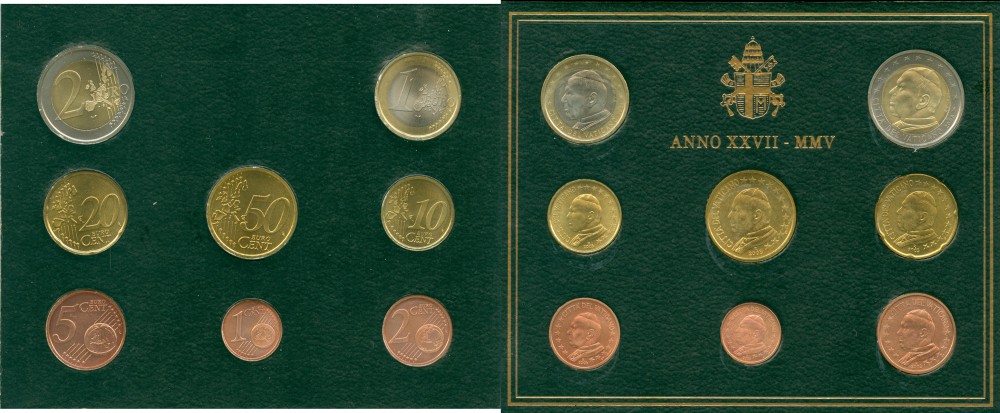 Ватикан евронабор из 8 монет 2005 Папа Иоанн Павел II, в оригинальном буклете KM MS 111 биметалл UNC 7-1-1-11