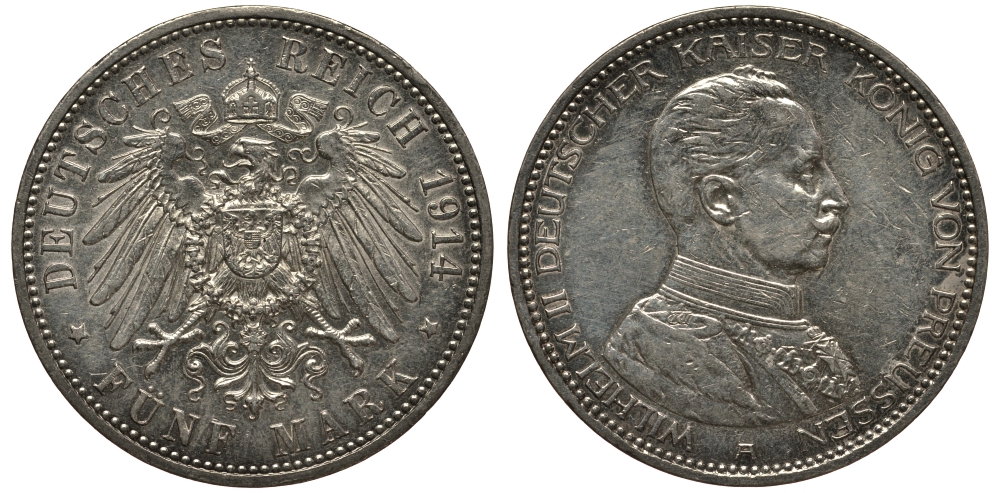Пруссия 5 марок 1914 Вильгельм II в мундире KM 536, J. 114, Weege 114 серебро 3711-515