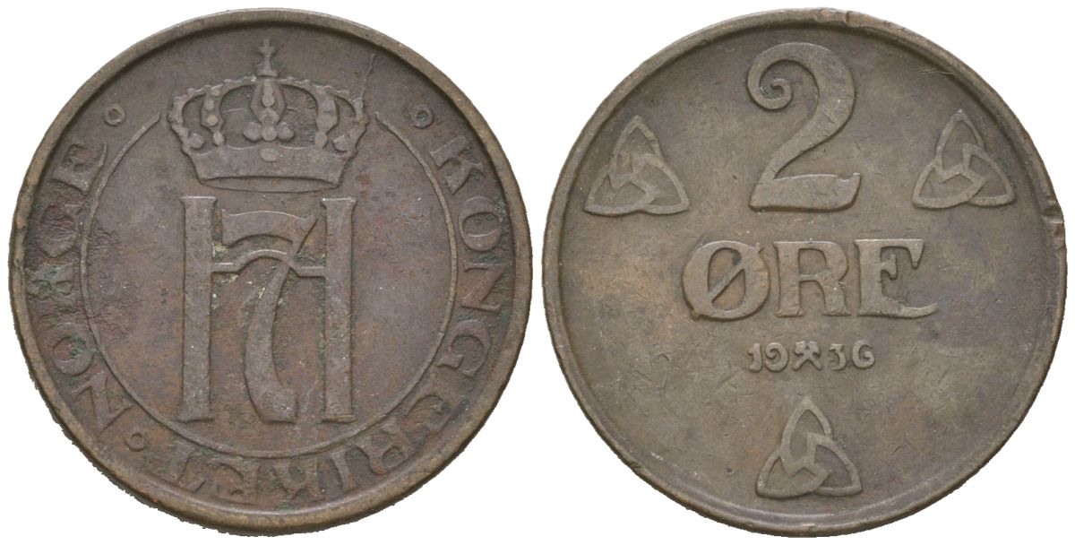 Норвегия 2 эре 1936 Хокон VII (1905-1957) KM 371 бронза 3955-161