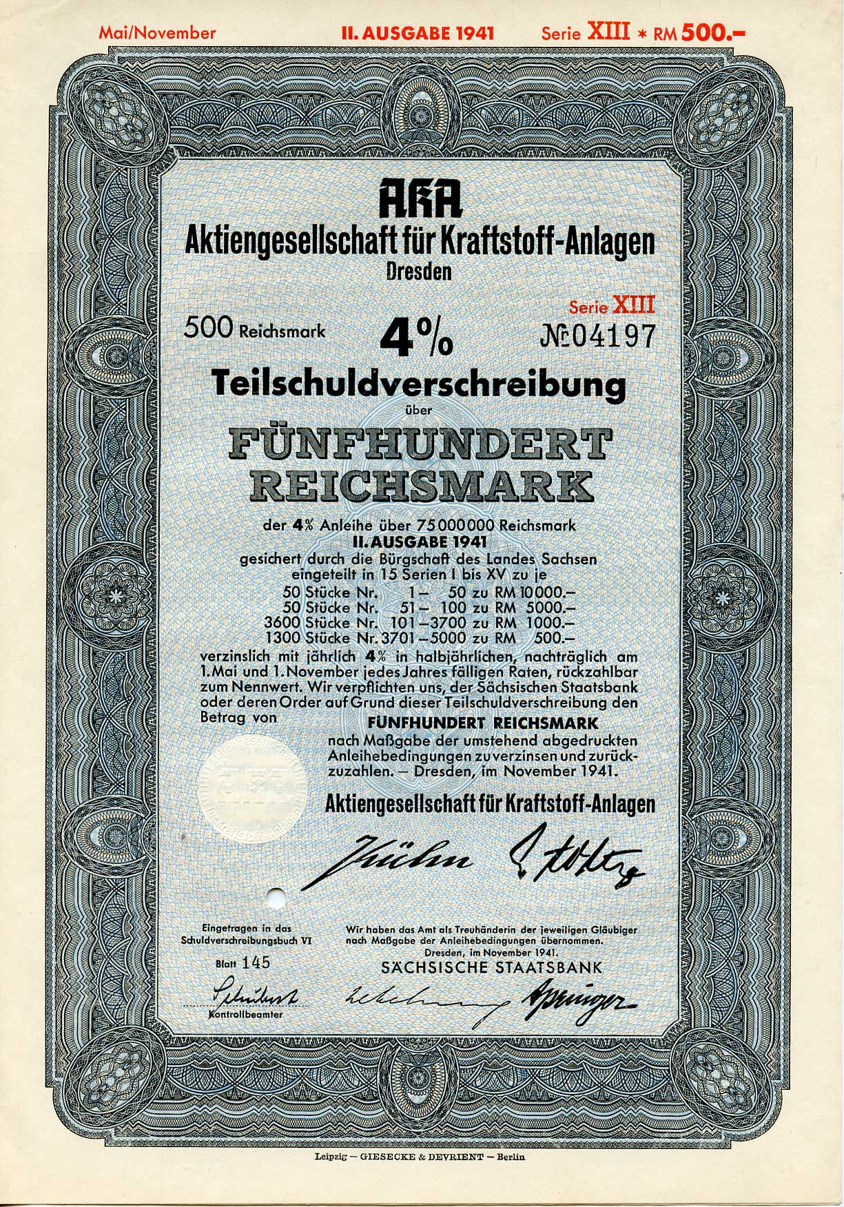 Германия 500 рейхсмарок 1941 АО топливных заводов, Дрезден, также известное как AKA, 4% частичное обязательство, облигация   бумага   8803-35-1