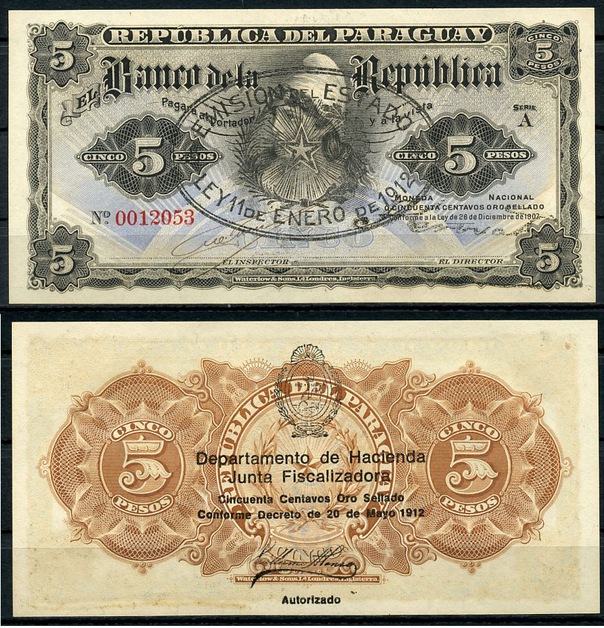Парагвай 5 песо 1912 свобода, Viveros и Angel Crovatto, надпечатки на Pick 156 Pick 127 (3)  бумага  UNC (пресс) 451-202-3