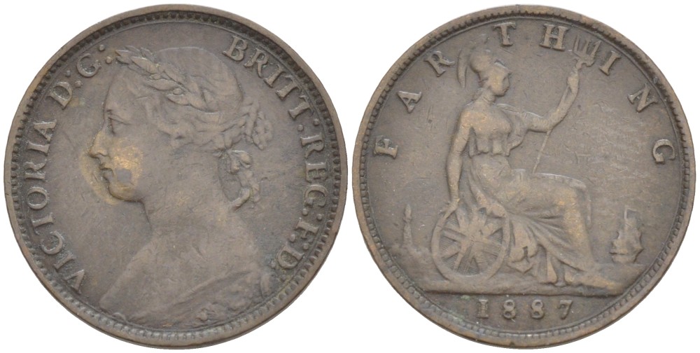 Великобритания 1 фартинг 1887 Виктория (1837-1901) KM 753, Spink 3958 бронза 4543-922