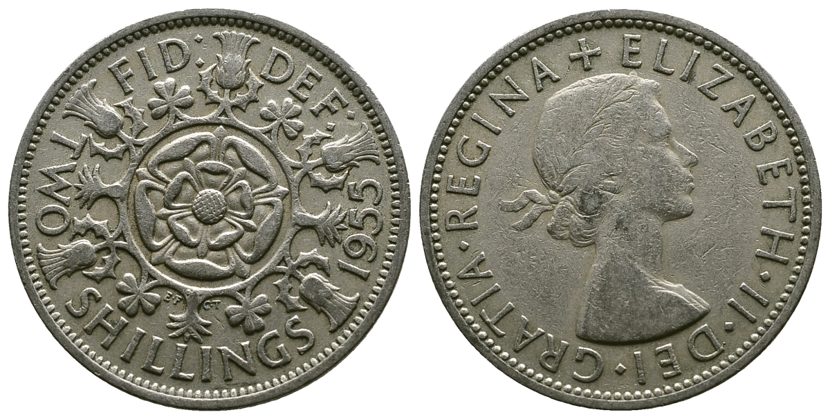 Великобритания 2 шиллинга (флорин) 1955 Елизавета II (1952-2022) KM 906, Spink 4146 медно-никель 4607-915