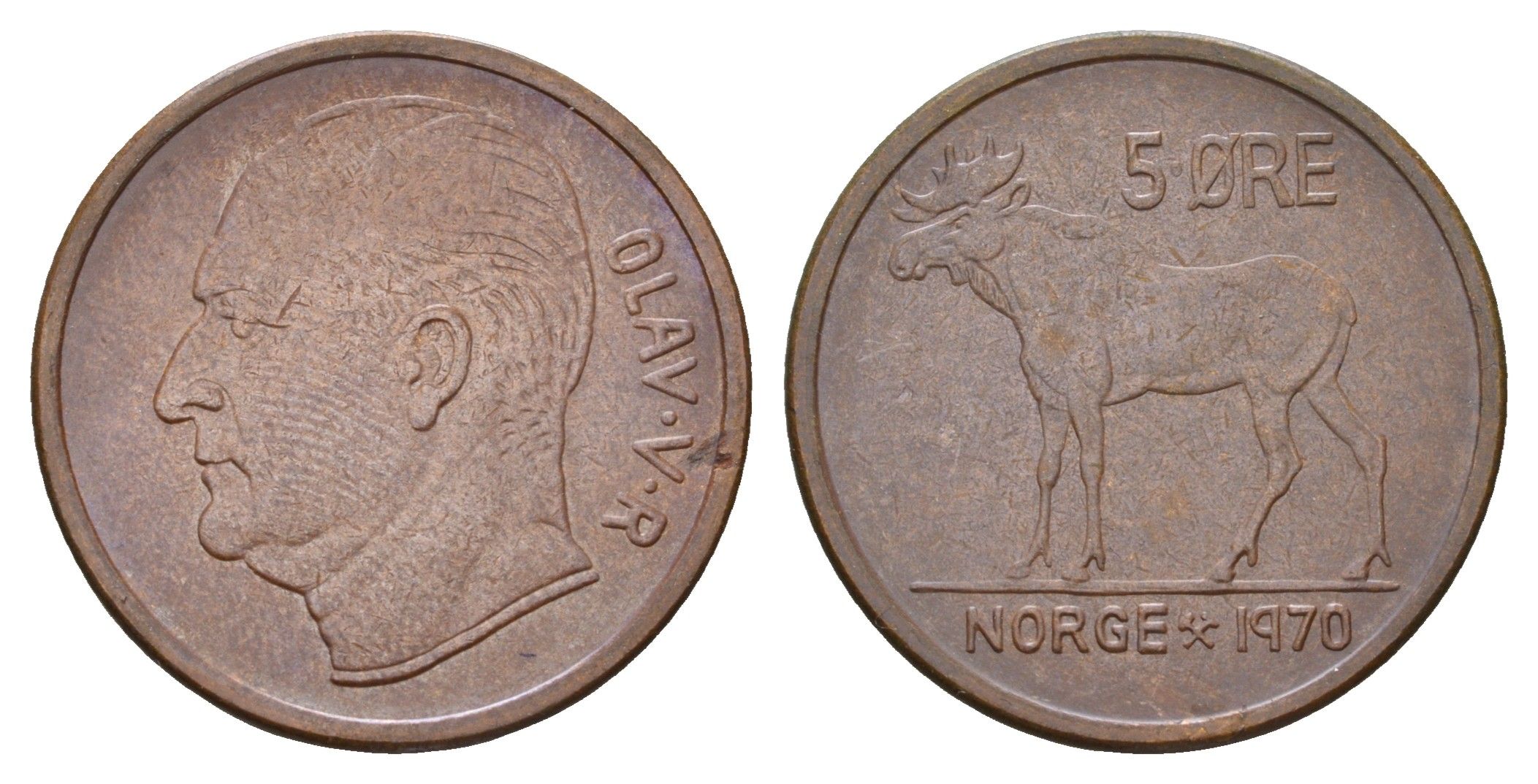 Норвегия 5 эре 1970 Улаф V (1957-1991) KM 405 бронза 24-722