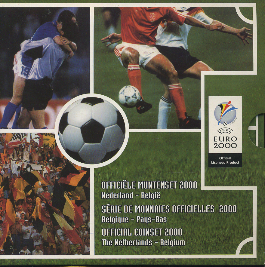 Бельгия набор из 3 монет + жетон 2000 Belgie-Belgique + 5 гульденов Нидерланды 2000 год, чемпионат мира по футболу, FIFA, в оригинальном картонном буклете KM PS 7 PROOF 6-6-2-22
