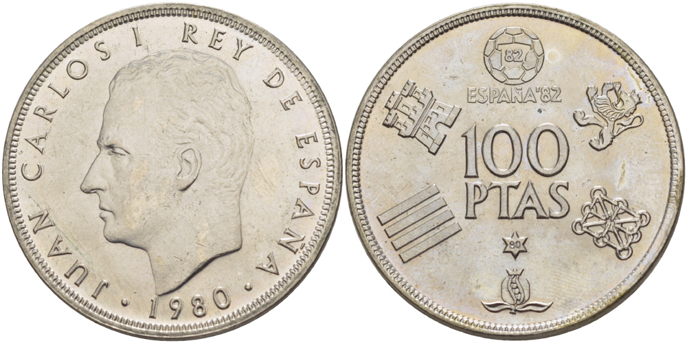 Испания 100 песет 1980 (80) чемпионат мира по футболу в Испании 1982 года, Хуан Карлос I ( 1975-) KM 8 20 медно-никель UNC 4184-422